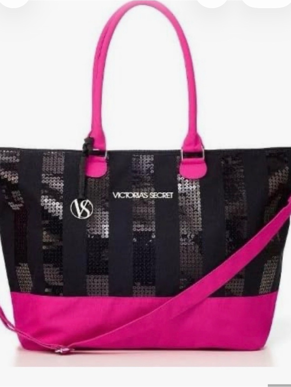 Victoria's Secret Black & Hot Pink Sequin Tote & Huge Rhinestone Jewelry Lot